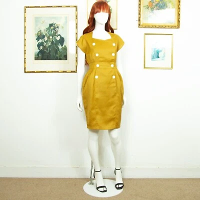 Vintage 1980s Yellow Linen Cocktail Pencil Dress With Double Breasted Buttons - Image 1 of 4