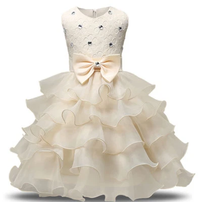 Bridesmaid Girl Princess Dress Baby Diamond Kids Party Bow Wedding Dresses QU - Image 1 of 4
