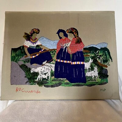 Vintage 70s Peruvian Wall Art Working Farm Village Sheep Tapestry Appliqué - Image 1 of 4