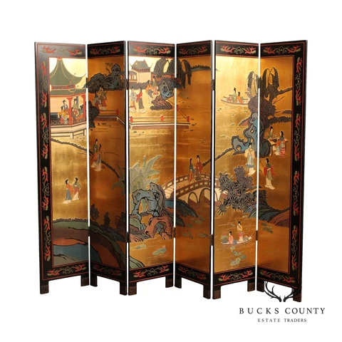 Chinese Gold Leaf Lacquered Six Panel Coromandel Screen Cover