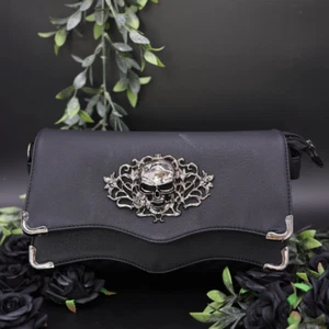 GOTHIC OVERSIZE 2-FLAP CLUTCH SKULL SPIDER HEAD GOTHX Black Vegan Hand Bag - Picture 1 of 4