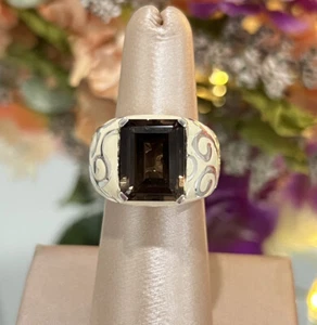 Sterling Silver QVC Michelle Albala Smoky Quartz Cream Enamel Ring Size 6 - Picture 1 of 9