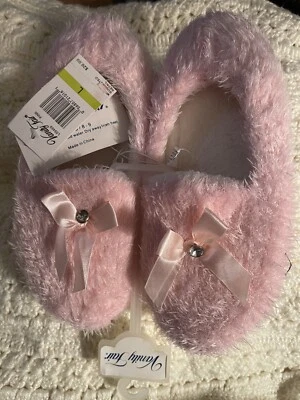 Vintage 1970's Vanity Fair Fuzzy House Slippers Pink Sz L w/bows and jewels NWT - Image 1 of 4