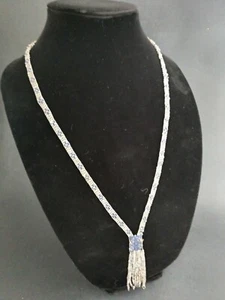Antique Glass Seed Bead Necklace Blue Silver Deco Handmade - Picture 1 of 10