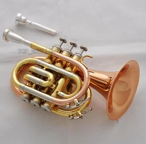 Rose Brass Pocket Trumpet Horn B-Flat 4.842'' Large Bell 2 Mouthpiece With Case - Picture 1 of 6