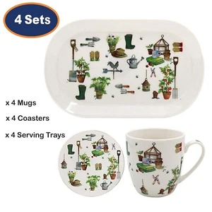 12pc Set 275ml Mugs Coasters Serving Trays Green Fingers Garden Theme Tableware - Picture 1 of 2