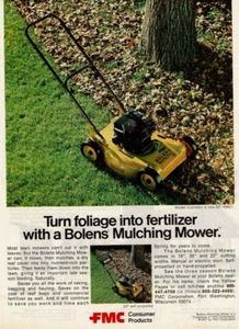 1977 Vintage Print Ad FMC Bolens Mulching Lawn Mower Yellow Leaves Grass Tree - Picture 1 of 2