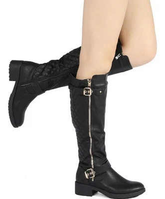 NEW Sz 9 Women's Tall Knee High Zipper Riding Biker Boots Shoes Black Block Heel - Image 1 of 4