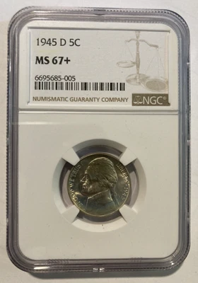 1945 D Jefferson Nickel NGC MS 67+  (with obverse die crack) - Image 1 of 4