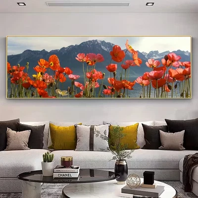 Panoramic View of Red Poppies and Mountains Canvas Print Wall Art Home Decor - Image 1 of 4