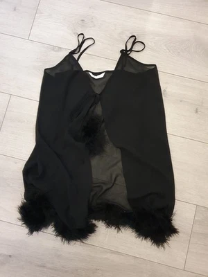 Vintage La Senza Black Marabou Trim Babydoll Top Size Large - Image 1 of 4