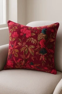 Velvet Cushion with Bird Motif - Artisan Maroon - Picture 1 of 3