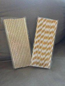 NEW 50 Drinking Paper Straws GOLD STRIPE CHEVRON Disposable Party Events USA - Picture 1 of 2
