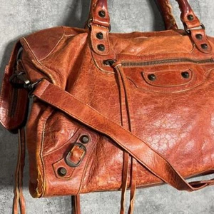 BALENCIAGA the City Leather Bag 2Way Handbag Orange Brown 115748 w/Mirror - Picture 1 of 20