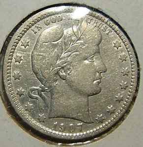 1907 P Barber Quarter 25 Cents -FINE- All Of Liberty Plain - Picture 1 of 2
