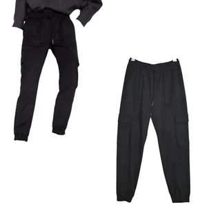 Zara Cargo Trousers Joggers Black Stretch Elastic Waist Drawstring Pockets S - Picture 1 of 11