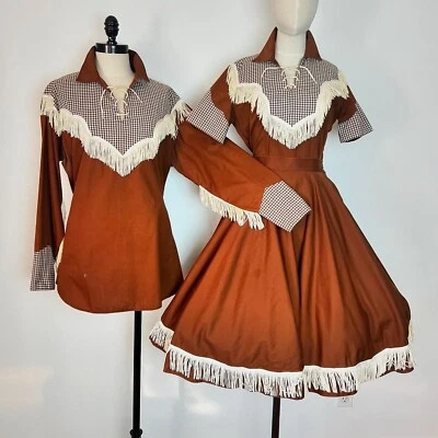 HIS & HERS 60’s Vintage Western Gingham Fringe Shirt Circle Skirt Suit S M L Xl - Image 1 of 4