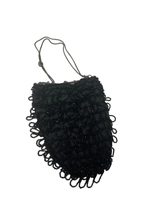 Antique Early 20th Century Black Glass Beaded Evening Reticule Drawstring Purse - Image 1 of 4