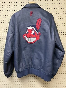 Vintage Pro Player MLB Medium Cleveland Indians Leather Bomber Jacket Blue Zip - Picture 1 of 16