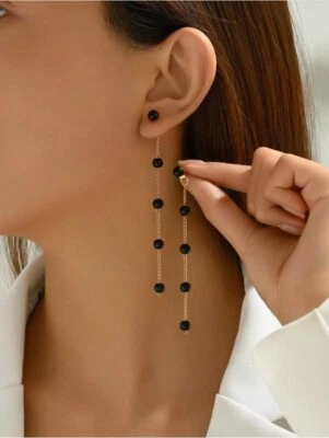 Womens Vintage Long Gold Metal Black Faux Pearl Dangle Drop Decor Earrings Party - Image 1 of 4