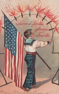 Fourth of July - BOY LIGHTING FIREWORKS - PFB Patriotic Postcard 4th Embossed - Picture 1 of 2