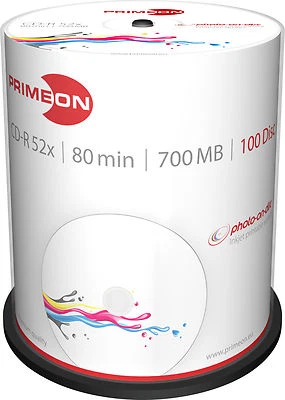100 PRIMEON CD-R photo on disc Bedruckbar Full Printable Spindel 700Mb 80Min 52x - Bild 1 von 3