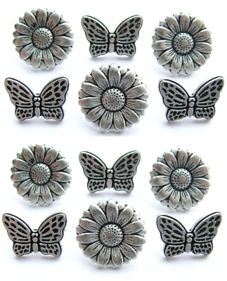 Butterfly Flower 12 Button Set Metal Realistic Antiqued Silver Tone - Image 1 of 4