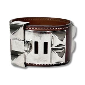 HERMES Collier de Chien Leather Bracelet Brown Silver