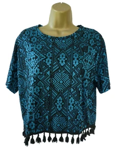 TOPSHOP Ladies Size 12 Blue Black Boho Casual Geometric Pom Pom Trim T Shirt Top - Picture 1 of 10