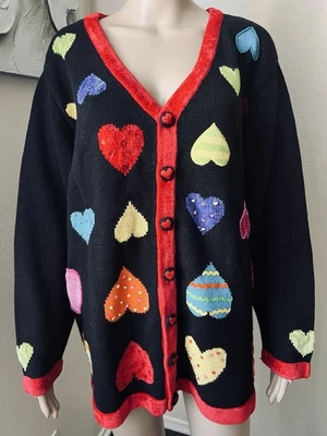 THE QUACKER FACTORY Vintage Beaded Embellished Heart Knit Cardigan Sweater sz 1X - Image 1 of 4