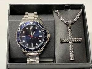 NEU Grob Silber Ton mit blauem Zifferblatt Zifferblatt mit Kreuz Geschenkset - Bild 1 von 3
