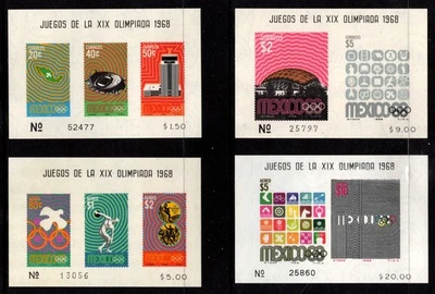 1968 MEXICO Sc #998a-1000a-C342a-C344a Олимпийские сувенирные листы как новые без наклеек и следов; SCV $85,00 - Изображение 1 из 2