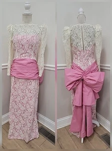 VTG'80s Blush Taffeta Prom Formal Evening Lace Dress /Long Sleeves/Saloon Girl - Picture 1 of 13