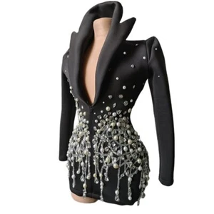 Shining Sequins Pearls Rhinestones Jacket Sexy Stage Wear Jazz Dance Costume - Picture 1 of 10