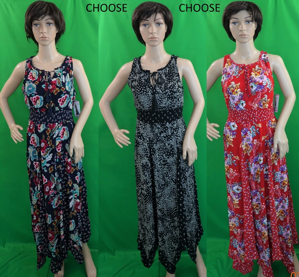 Maxi Vestido Bila Azul Marino/Rojo/Negro Floral Borla Corbata Cuello Cintura Elástica Acanalada, S-2XL Foto 1 de 1