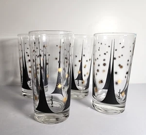 Fred Press Black Gold Atomic Starburst Highball Collins Glasses MCM 5 1/2” - Picture 1 of 3