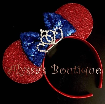 Linda diadema Minnie Mouse orejas rojas brillantes azul lentejuelas lazo brillante tiara plateada Foto 1 de 3