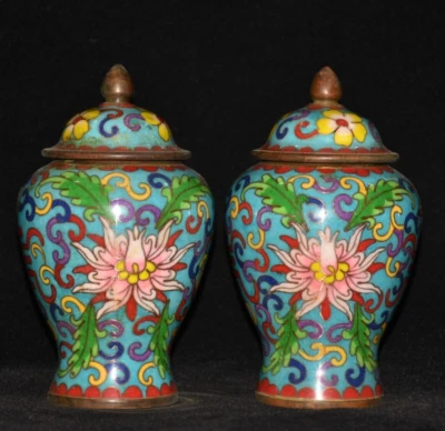 Par de tarros generales de almacenamiento de flores en flor esmalte Cloisonne de cobre noble de 15 cm Foto 1 de 4