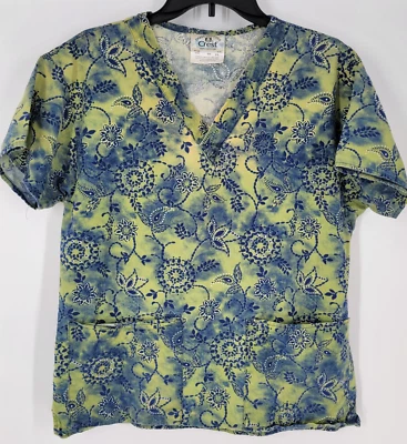 Camisa Médica de Trabajo Crest Cottons Cuello en V ~ Talla XS ~ Azul Amarillo Floral Foto 1 de 3