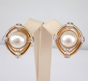 2.50Ct Round Cut Pearl Natural Vintage Halo Stud Earrings 14K Yellow Gold Plated