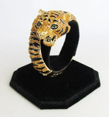 Orange Crystal Black Enamel Bengal Tiger with Green Eyes Hinged Bracelet - NEW - Image 1 of 4
