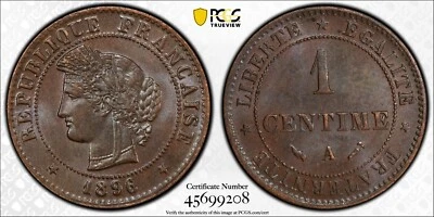 1896 A France 1 Centime Gad 88 PCGS MS64 BN   Great Surfaces               4095 - Image 1 of 4