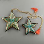 2 Hand Painted Wood Lacquer Kashmir Christmas Ornaments- Aqua Gold Stars -3"-4"