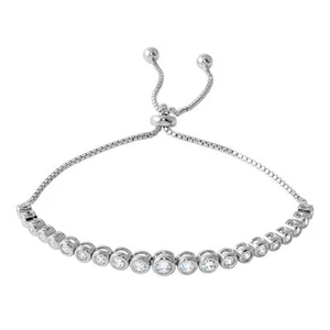 925 STERLING SILVER LARIAT BRACELET W/ ROUND LAB DIAMONDS / 9'' ADJUSTABLE - Picture 1 of 2