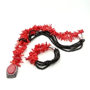 22'' 5Strands Red Coral Black Crystal Necklace Bracelet Set - Picture 1 of 6