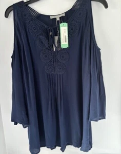 NWT Daniel Rainn XL Top NWT Navy Blue V Neck Tie Crochet Raglan Cold Shoulder - Picture 1 of 8