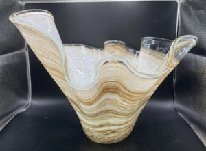 Vintage Hand Blown Glass Multicolor Striped Ruffled Handkerchief Large Vase - Picture 1 of 8