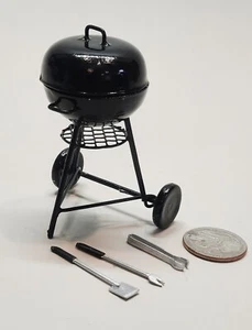 Dollhouse Miniature - Black BBQ Grill on Tripod with Utensils - Picture 1 of 3