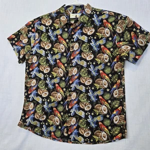 High Surf, Size XL, Black Hawaiian Shirt, Parrot & Coconut Print, Bold, Bright - Picture 1 of 8