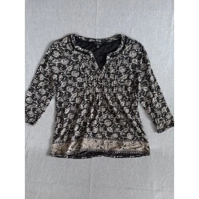 Lucky Brand Women Small Petite Floral Aztec V-Neck Pleated Top Blouse 3/4 Sleeve - Image 1 of 4